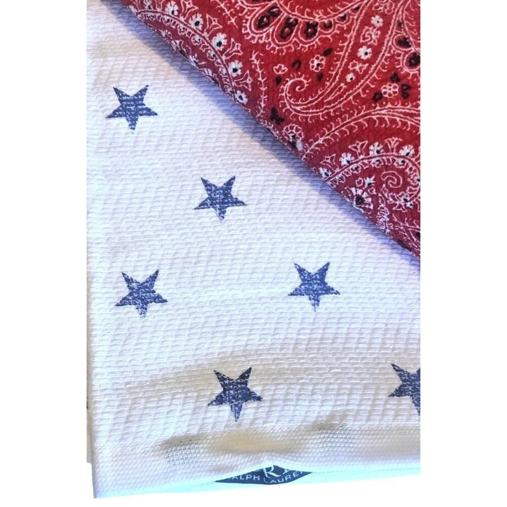 Ralph Lauren Kitchen Dish Towels July 4th Red Paisley Bandana Stars Set of 3